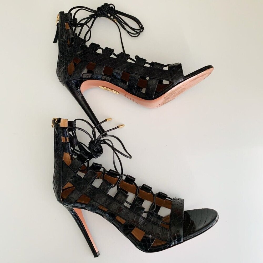 Women's Aquazzura Amazon Black Python Leather Str… - image 3